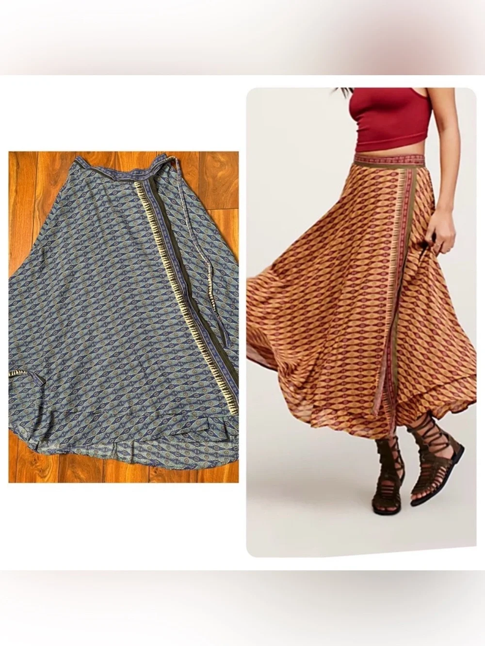 Free People Good 4 U Wrap Skirt Beige Blue Boho Romantic Maxi Midi Size 8